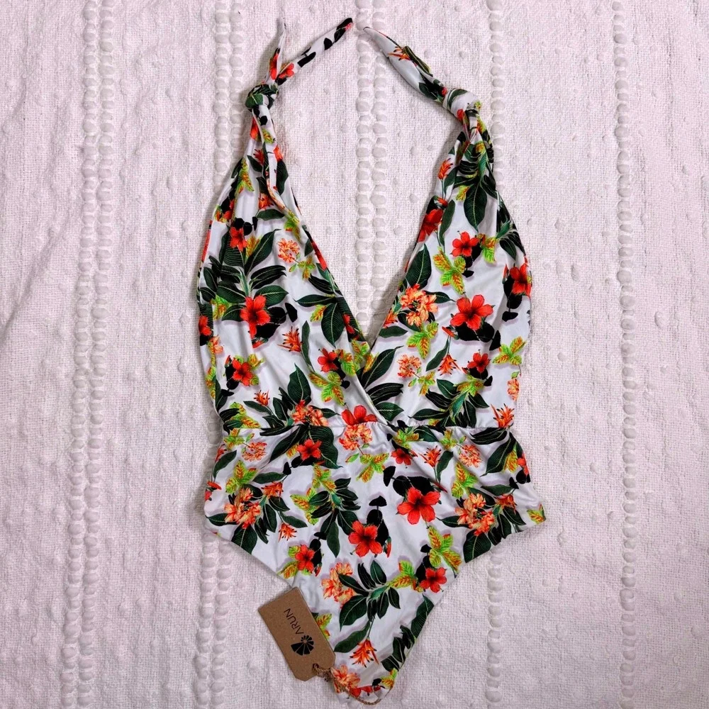 Arun Wear Tie Shoulder One Piece Swimsuit White Flower Tropical Medium NWT